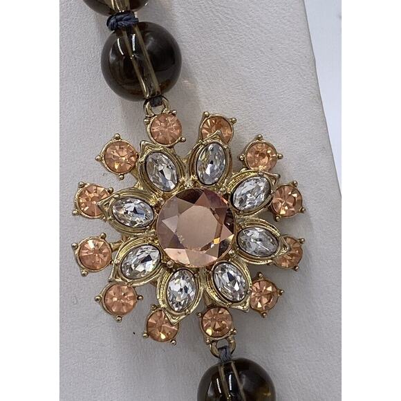 Hand Knotted Long Smoky Quartz Glass Beaded Rhinestone Flower Accent Necklace - Picture 10 of 11